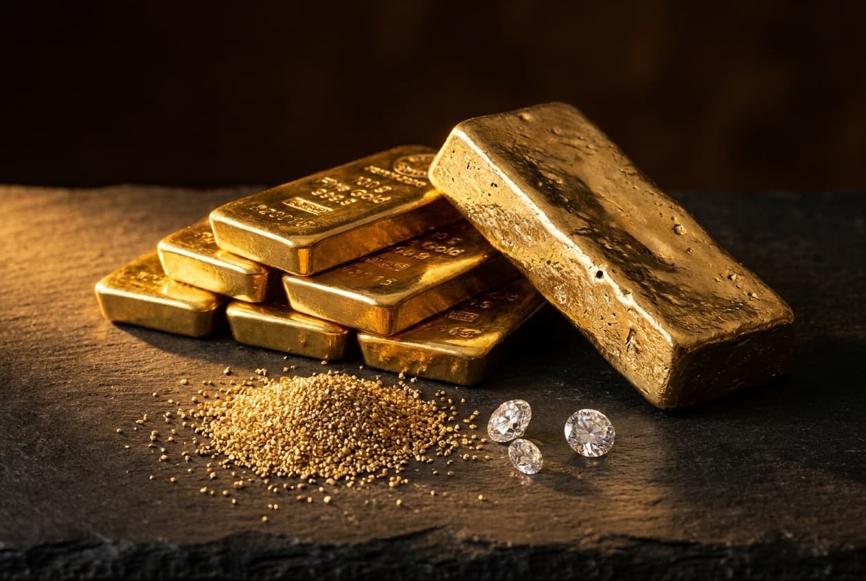 Bullion gold bars, a doré gold bar, gold grain, and diamonds arranged on dark slate